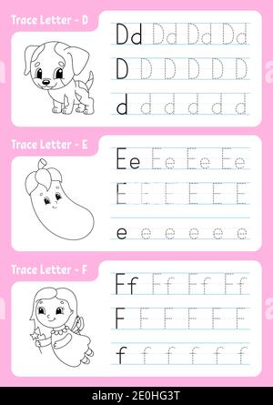 Schreiben von Briefen. Seite „Tracing“. Arbeitsblatt für Kinder. Übungsblatt. Alphabet lernen. Niedliche Charaktere. Vektorgrafik. Cartoon-Stil. Stock Vektor