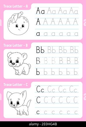 Schreiben von Briefen. Seite „Tracing“. Arbeitsblatt für Kinder. Übungsblatt. Alphabet lernen. Niedliche Charaktere. Vektorgrafik. Cartoon-Stil. Stock Vektor