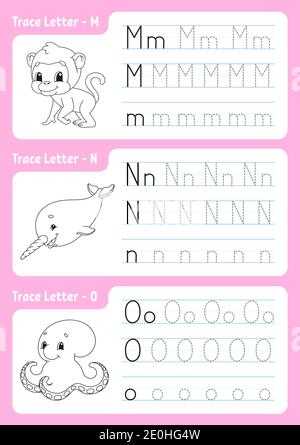 Schreiben von Briefen. Seite „Tracing“. Arbeitsblatt für Kinder. Übungsblatt. Alphabet lernen. Niedliche Charaktere. Vektorgrafik. Cartoon-Stil. Stock Vektor