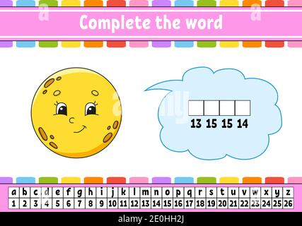 Vervollständigen Sie die Worte. Chiffriercode. Vokabeln und Zahlen lernen. Arbeitsblatt zum Bildungswesen. Aktivitätsseite für die Studie Englisch. Isolierte Vektordarstellung. Stock Vektor