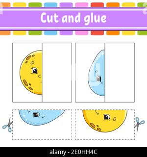 Schneiden und spielen. Papier Spiel mit Kleber. Flash-Karten. Arbeitsblatt zum Bildungswesen. Aktivitätsseite. Witziger Charakter. Isolierte Vektordarstellung. Cartoon-Stil. Stock Vektor