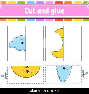Schneiden und spielen. Papier Spiel mit Kleber. Flash-Karten. Arbeitsblatt zum Bildungswesen. Aktivitätsseite. Witziger Charakter. Isolierte Vektordarstellung. Cartoon-Stil. Stock Vektor
