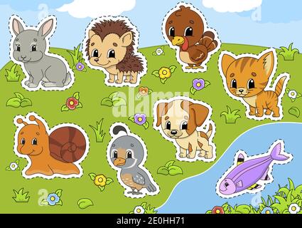 Set Tiere. Niedliche Comic-Figuren. PET-Clipart. Von Hand gezeichnet. Bunte Packung. Vektorgrafik. Patch Badges Kollektion. Designelemente kennzeichnen. Für Stock Vektor