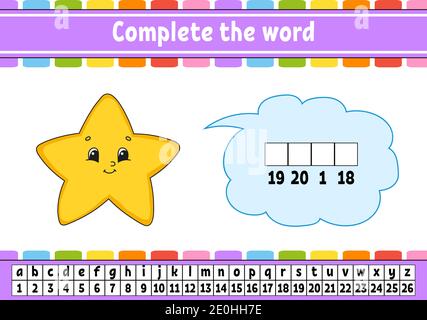 Vervollständigen Sie die Worte. Chiffriercode. Vokabeln und Zahlen lernen. Arbeitsblatt zum Bildungswesen. Aktivitätsseite für die Studie Englisch. Isolierte Vektordarstellung. Stock Vektor