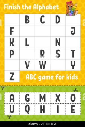 Das Alphabet fertig stellen. ABC-Spiel für Kinder. Schneiden und kleben. Arbeitsblatt zur Entwicklung von Schulungen. Lernspiel für Kinder. Aktivitätsseite Farbe. Stock Vektor
