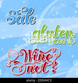 Legen Sie Beschriftungswörter fest. Glutenfrei, Verkauf, Wein nicht. Von Hand gezeichnet. Vektorgrafik . Designelement. Stock Vektor