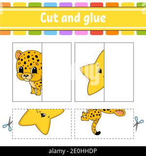 Schneiden und spielen. Papier Spiel mit Kleber. Flash-Karten. Arbeitsblatt zum Bildungswesen. Aktivitätsseite. Witziger Charakter. Isolierte Vektordarstellung. Cartoon-Stil. Stock Vektor
