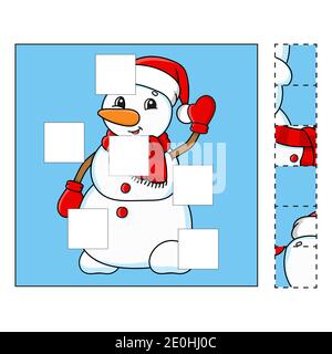 Puzzle-Spiel für Kinder. Ausschneiden und einfügen. Schneidverfahren. Lernformen. Arbeitsblatt zum Bildungswesen. Winterthema. Aktivitätsseite. Zeichentrickfigur. Stock Vektor