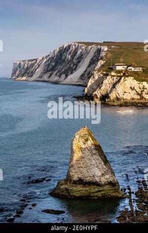 Meeresstapel in Freshwater Bay auf der Isle of Wight, England, Großbritannien. Blick nach Westen in Richtung Tennyson Down. Stockfoto