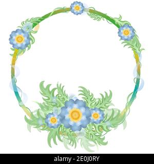 Runder Kranz mit grünen und blauen Blüten Stock Vektor