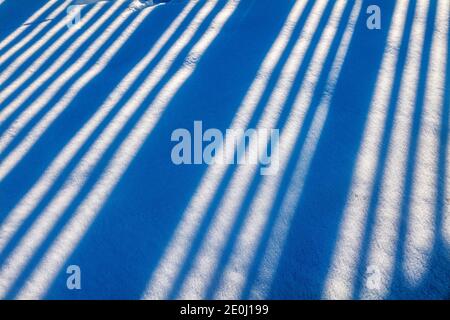 Weißer Vinyl-Pfostenzaun wirft lange Winterschatten auf Neuschnee; Salida; Colorado; USA Stockfoto