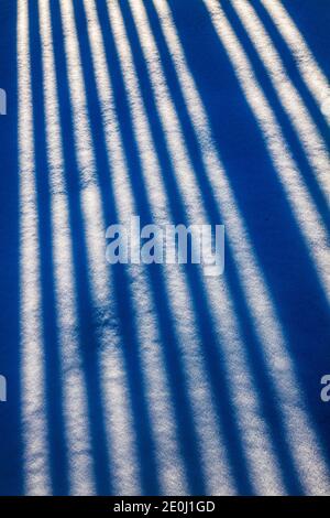 Weißer Vinyl-Pfostenzaun wirft lange Winterschatten auf Neuschnee; Salida; Colorado; USA Stockfoto