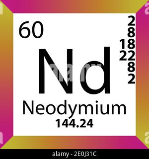 Nd Neodym-Periodensystem Für Chemische Elemente. Einzelvektordarstellung, buntes Symbol mit Molmasse, Elektronenkonf. Und Ordnungszahl. Stock Vektor