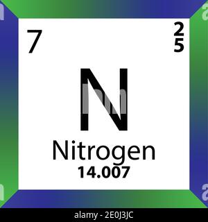 N Periodensystem für chemische Stickstoffelemente. Einzelvektordarstellung, buntes Symbol mit Molmasse, Elektronenkonf. Und Ordnungszahl. Stock Vektor