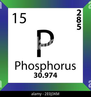 P Phosphor – Periodensystem für chemische Elemente. Einzelvektordarstellung, buntes Symbol mit Molmasse, Elektronenkonf. Und Ordnungszahl. Stock Vektor