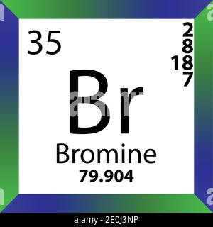 Br Brom Chemical Element Periodensystem. Einzelvektordarstellung, buntes Symbol mit Molmasse, Elektronenkonf. Und Ordnungszahl. Stock Vektor