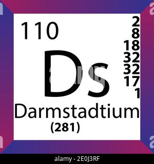 Ds Darmstadtium Periodensystem Für Chemische Elemente. Einzelvektordarstellung, buntes Symbol mit Molmasse, Elektronenkonf. Und Ordnungszahl. Stock Vektor