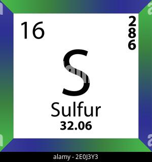 S Periodensystem für chemische Schwefelelemente. Einzelvektordarstellung, buntes Symbol mit Molmasse, Elektronenkonf. Und Ordnungszahl. Stock Vektor