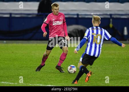 SHEFFIELD, ENGLAND. 1. JANUAR Louie Sibley von Derby County in Aktion während der Sky Bet Championship Spiel zwischen Sheffield Mittwoch und Derby County in Hillsborough, Sheffield am Freitag, 1. Januar 2021. (Kredit: Jon Hobley - MI News) Kredit: MI Nachrichten & Sport /Alamy Live Nachrichten Stockfoto