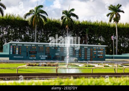 Das Tote Board sitzt entlang der Rückwand, über das Infield, im Palm Beach Kennel Club in West Palm Beach, Florida, USA. Stockfoto