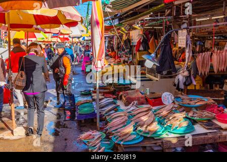 BUSAN, KOREA, 30. OKTOBER 2019: Auf dem Jagalchi-Fischmarkt in Busan, Republik Korea, kaufen die Menschen Meeresfrüchte Stockfoto