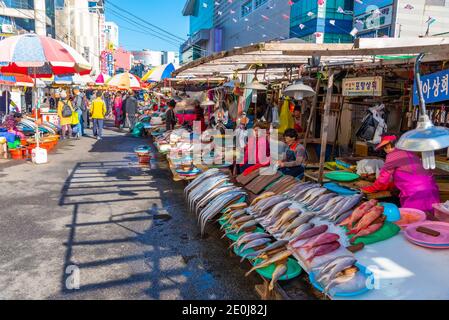 BUSAN, KOREA, 30. OKTOBER 2019: Auf dem Jagalchi-Fischmarkt in Busan, Republik Korea, kaufen die Menschen Meeresfrüchte Stockfoto