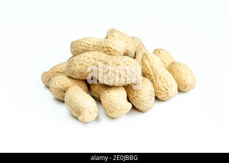 Gruppe von Erdnüssen in Schale isoliert auf weißem Hintergrund Stockfoto