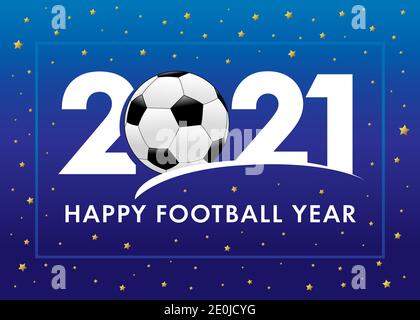 Happy Football Year 2021 mit Text und Fußball auf blauem Hintergrund. Frohe Weihnachten Vektor-Illustration mit 2, Ball & 21 Zahlen, Einladungskarte Stock Vektor