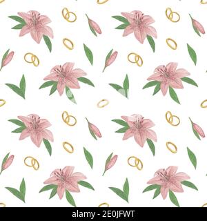 Lily Blume von zartem dunkelrosa Farbe, Ehering, Blätter nahtlose Muster, handgezeichnete Aquarell Illustration einfache Zeichnung für St. Valentine de Stockfoto