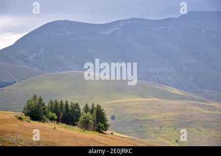 Der Berg Vettore dominiert die Ebene von 'Pian Perduto' in der Nähe von Castelluccio di Norcia. Norcia, Umbrien, Italien. Stockfoto