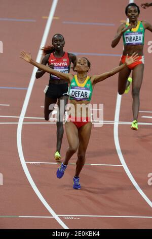 Die Äthiopierin Meseret Defar gewinnt die Goldmedaille bei den 5000 Meter Frauen bei den Olympischen Spielen 2012 in London, Großbritannien am 10. August 2012. Foto von Henri Szwarc/ABACAPRESS.COM Stockfoto