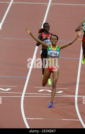 Die Äthiopierin Meseret Defar gewinnt die Goldmedaille bei den 5000 Meter Frauen bei den Olympischen Spielen 2012 in London, Großbritannien am 10. August 2012. Foto von Henri Szwarc/ABACAPRESS.COM Stockfoto