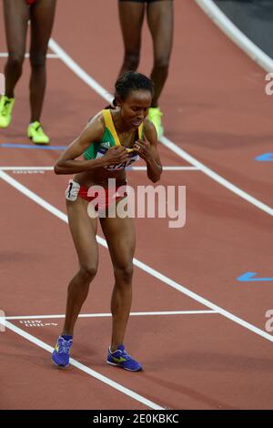 Die Äthiopierin Meseret Defar gewinnt die Goldmedaille bei den 5000 Meter Frauen bei den Olympischen Spielen 2012 in London, Großbritannien am 10. August 2012. Foto von Henri Szwarc/ABACAPRESS.COM Stockfoto