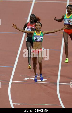 Die Äthiopierin Meseret Defar gewinnt die Goldmedaille bei den 5000 Meter Frauen bei den Olympischen Spielen 2012 in London, Großbritannien am 10. August 2012. Foto von Henri Szwarc/ABACAPRESS.COM Stockfoto