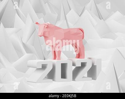 Figur von Low Poly Pink Bull und weiße Zahl 2021, ein Symbol des neuen Jahres, 3d-Render Stockfoto