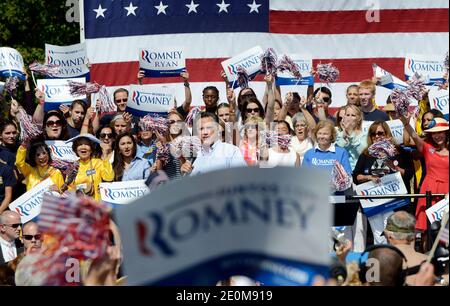 Der republikanische Präsidentschaftskandidat Mitt Romney hält am 13. September 2012 eine Wahlkampfveranstaltung im Van Dyck Park in Fairfax, Virginia, USA ab. Foto von Olivier Douliery/ABACAPRESS.COM Stockfoto