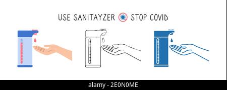 Seifenspender öffentlicher Ort. Händewaschen, Desinfektionsmittel Cartoon-Linie und Glyph-Stil-Set. Infografik: Händewaschen, Desinfektion, Hygiene. Antiseptisches Gel. Vektorgrafik Gesundheitswesen Stock Vektor