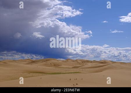 Barkhans in der Mongolei. Sanddünenwüste Mongol Els in der Nähe des Sees Durgen Nuur. Provinz Khovd, Westmongolei. Stockfoto