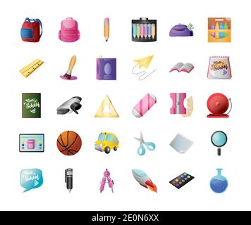 Zurück zur Schule Bildungsmaterialien wie Rucksack Buch Wachsmalstift Bleistift Ball Lineal Symbole setzen Vektor-Illustration Stock Vektor