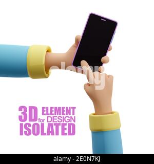 Ein Cartoon 3D Hände halten ein Handy. Zeigefinger drückt Smartphone-Bildschirm. 3d-Illustration isoliert auf weißem Hintergrund. Rendern. Element für b Stockfoto