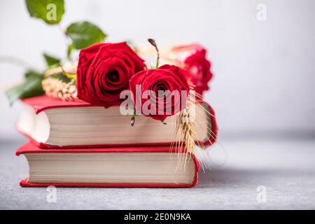 Rose und Buch, traditionelles Geschenk für Sant Jordi, den Saint Georges Day. Es ist Kataloniens Version des Valentinstag Stockfoto