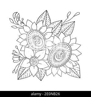 Zen Tangle florales Muster, schwarze Linien auf weißem Hintergrund, Anti-Stress-Färbung. Handgezeichnete Blume Ornament. Vektorgrafik. Stock Vektor