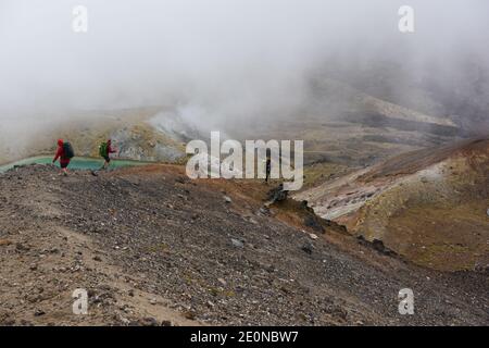 Tangariro. Januar 2021. Rucksacktouristen wandern am Tongariro Alpine Crossing entlang, um die Emerald Lakes auf der zentralen Nordinsel Neuseelands zu besuchen, am 2. Januar 2021. Der Tongariro Alpine Crossing liegt im Tongariro National Park, einem zweifachen Weltkulturerbe, und ist als einer der besten Tageswanderungen Neuseelands bekannt. Kredit: Guo Lei/Xinhua/Alamy Live Nachrichten Stockfoto