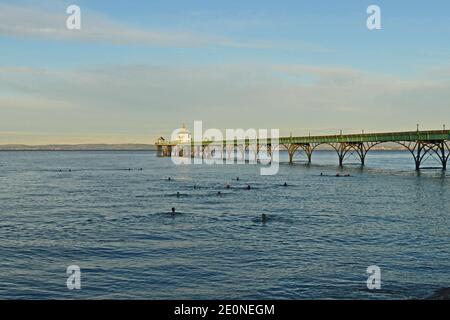 Bristol, Großbritannien. Januar 2021. UK Wetter.mit Temperaturen unter dem Gefrierpunkt ziehen eifrige Schwimmer ins Meerwasser von Clevedon North Somerset. Bild: Robert Timoney/Alamy Live News Stockfoto