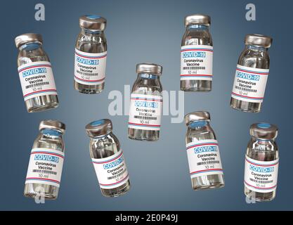 Covid 19 Corona Virus Medikament Impfstoff Fläschchen Medizin Flaschen Spritze Injektion. SARS-CoV-2 Impfung, Immunisierung, Behandlung zur Heilung von Covid 19 Corona Stockfoto