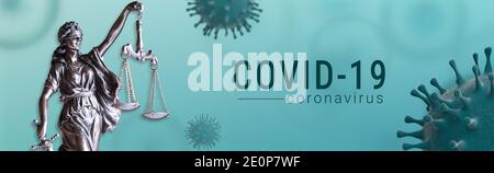 Coronavirus covid-19 und Statue of Justice - Justice Banner Gesetz Konzept Stockfoto