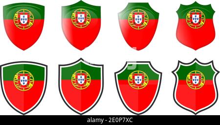 Vertikale Portugal Flagge in Schildform, vier 3d und einfache Versionen. Portugiesisches Symbol / Zeichen Stock Vektor