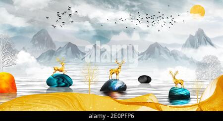 3d moderne Leinwand Kunst Wandbild Tapete Landschaft See Hintergrund. Goldene Hirsche, weihnachtsbaum, grauen Berg, Sonne mit Wolken und Vögel. Geeignet f Stockfoto