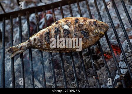 Detail der Seebrasse auf dem Grill mit Rauch Stockfoto