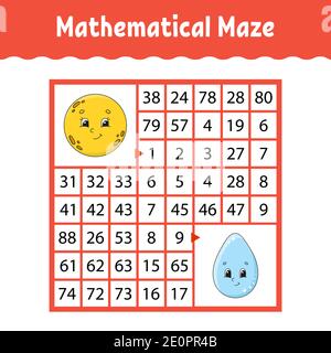 Mathematisch gefärbtes quadratisches Labyrinth. Arbeitsblatt zur Entwicklung von Schulungen. Spiel für Kinder. Puzzle für Kinder. Das Studium der Zahlen. Labyrinth-Rätsel. Flach Stock Vektor